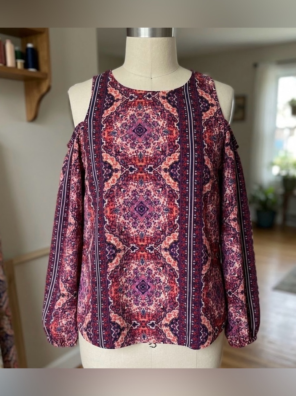 Lily White Vibrant Pink and Purple Boho Cold-Shoulder Top
